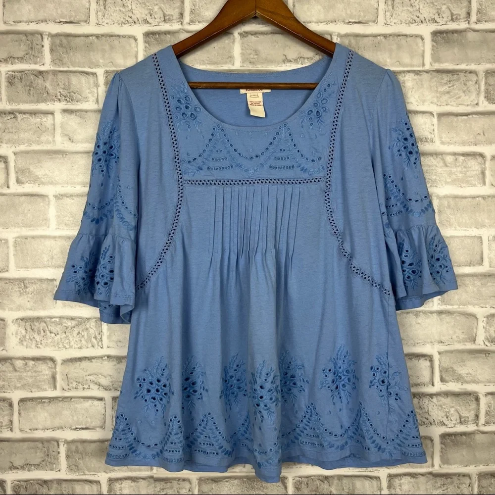 Sundance Light Dusty Blue Boho Lace Soft Cotton Bohemian Hippie Blouse Sz Large - Picture 1 of 6